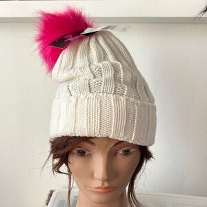 Betsey Johnson Knit Beanie with Vibrant Pink Pom-Pom